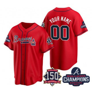 Custom Atlanta Braves Red JEROMEN Active Player 2021 World Series Chimpions With 150th Anniversary Cool Base Stitched Jersey