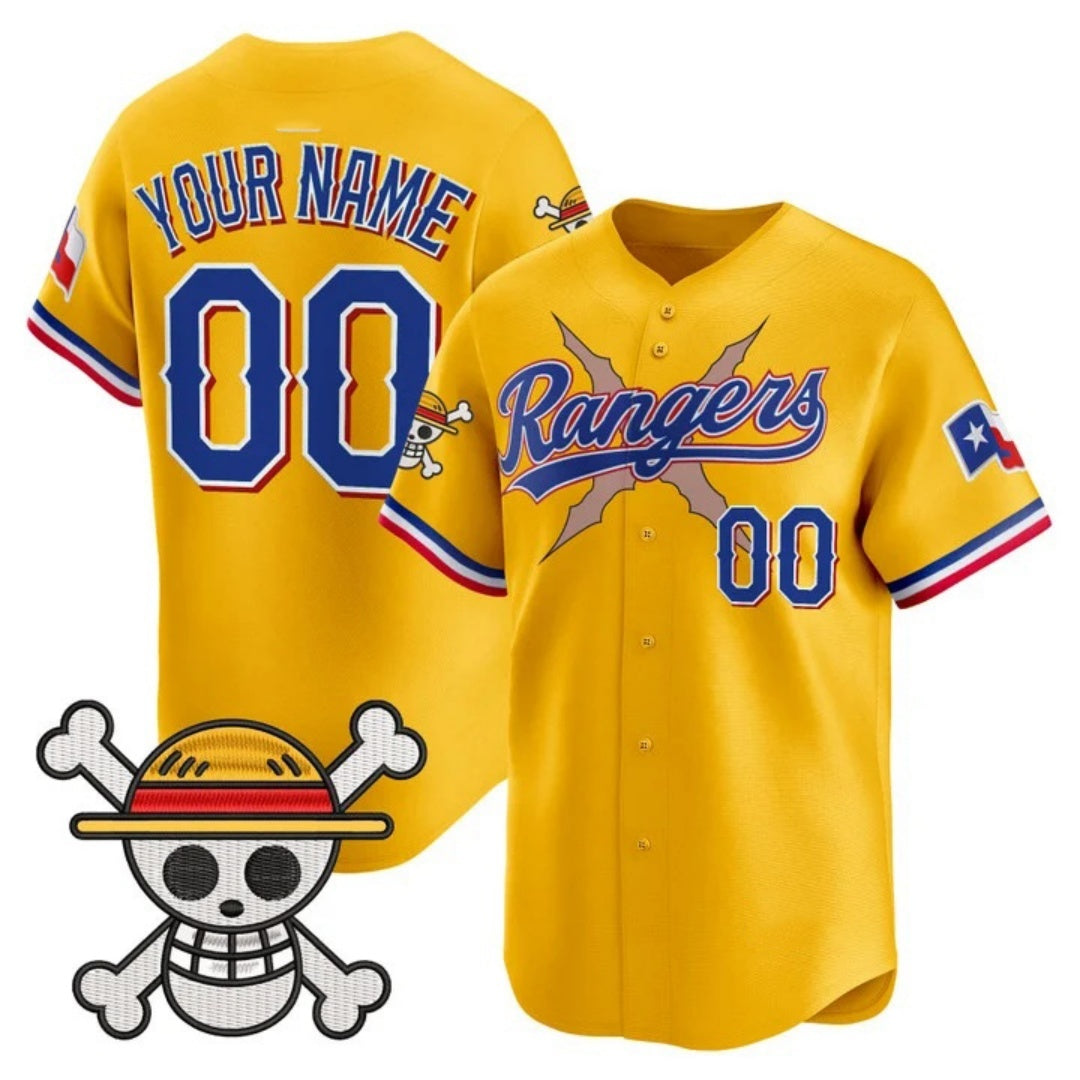 Custom Texas Rangers x One Piece Gold JEROMEN Vapor Premier Limited Jersey - Stitched