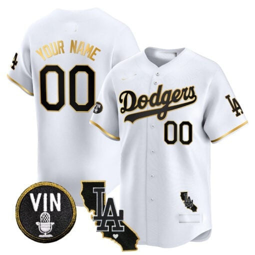 Custom Los Angeles Dodgers Vin & California Patch Gold Trim Vapor Premier Limited Jersey ¨C White Gold JEROMEN