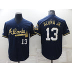 Atlanta Braves #13 JEROMENld Acuna Jr Navy Blue JEROMEN 2021 World Series Champions Golden Edition Stitched Cool Base Jersey
