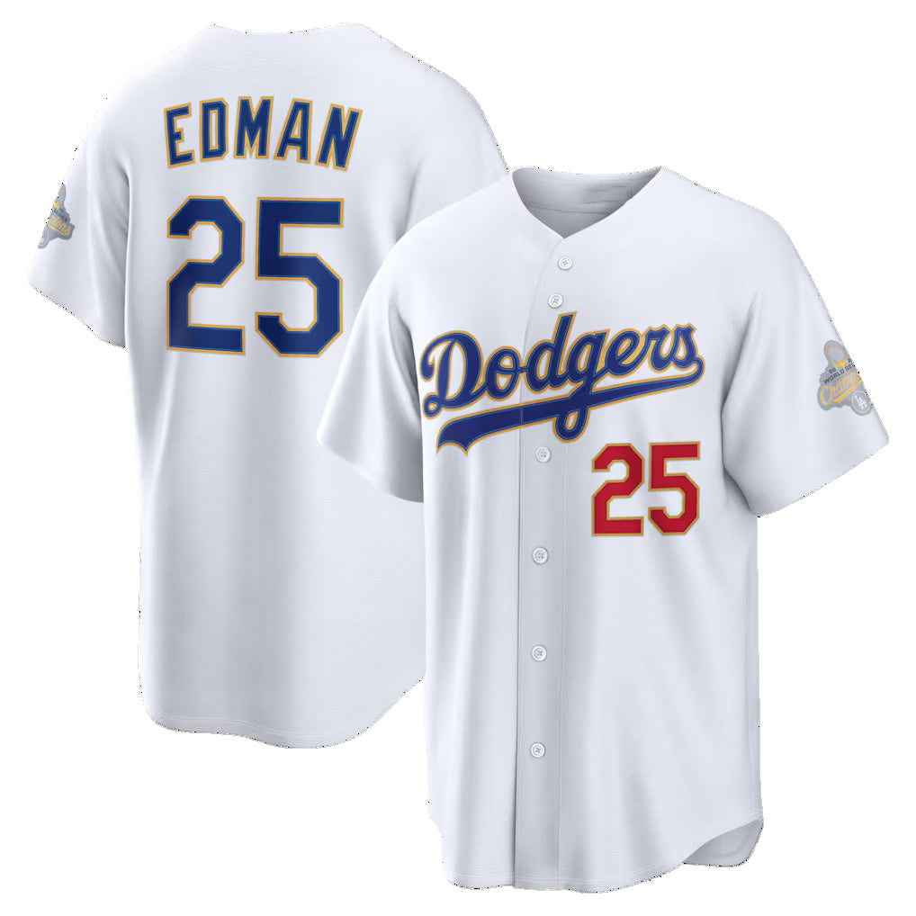 Los Angeles Dodgers #25 Tommy Edman White JEROMEN 2026 Gold Collection Stadium Jersey