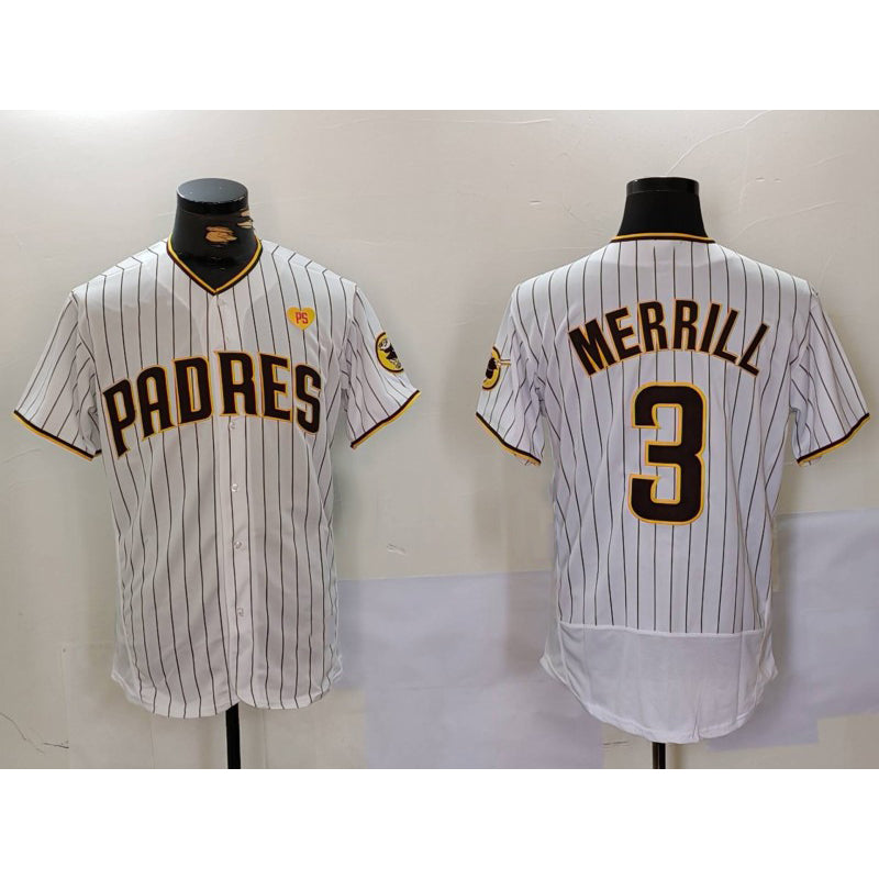 San Diego Padres #3 Jackson Merrill White JEROMEN With PS Patch Stitched Flex Base Jersey 2