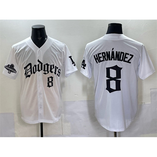 Los Angeles Dodgers #8 Enrique Hern¨¢ndez White JEROMEN 2025 LA Gothic Style With 2024 World Series Champions Patch Vapor Premier Limited Stitched Jersey