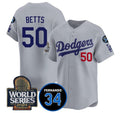 Los Angeles Dodgers #50 Mookie Betts Grey JEROMEN 2024 World Series With Fernando Memorial Patch Limited Stitched Jersey