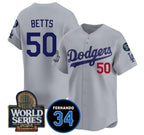 Los Angeles Dodgers #50 Mookie Betts Grey JEROMEN 2024 World Series With Fernando Memorial Patch Limited Stitched Jersey