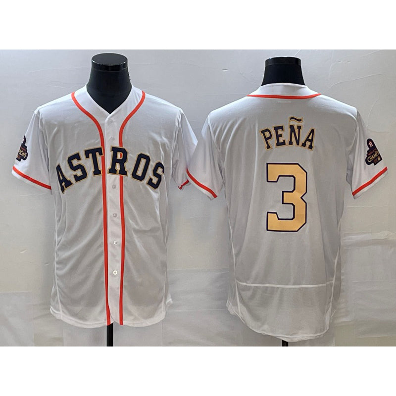 Houston Astros #3 Jeremy Pena 2023 White Gold JEROMEN World Serise Champions Patch Flex Base Stitched Jersey