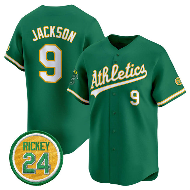 Oakland Athletics #9 Reggie Jackson Green JEROMEN 2024 Limited With Rickey Henderson Patch Stitched Jersey