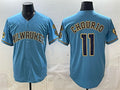 Milwaukee Brewers #11 Jackson Chourio Blue JEROMEN With Home & Bob Uecker Patch Stitched Jersey