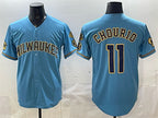 Milwaukee Brewers #11 Jackson Chourio Blue JEROMEN With Home & Bob Uecker Patch Stitched Jersey