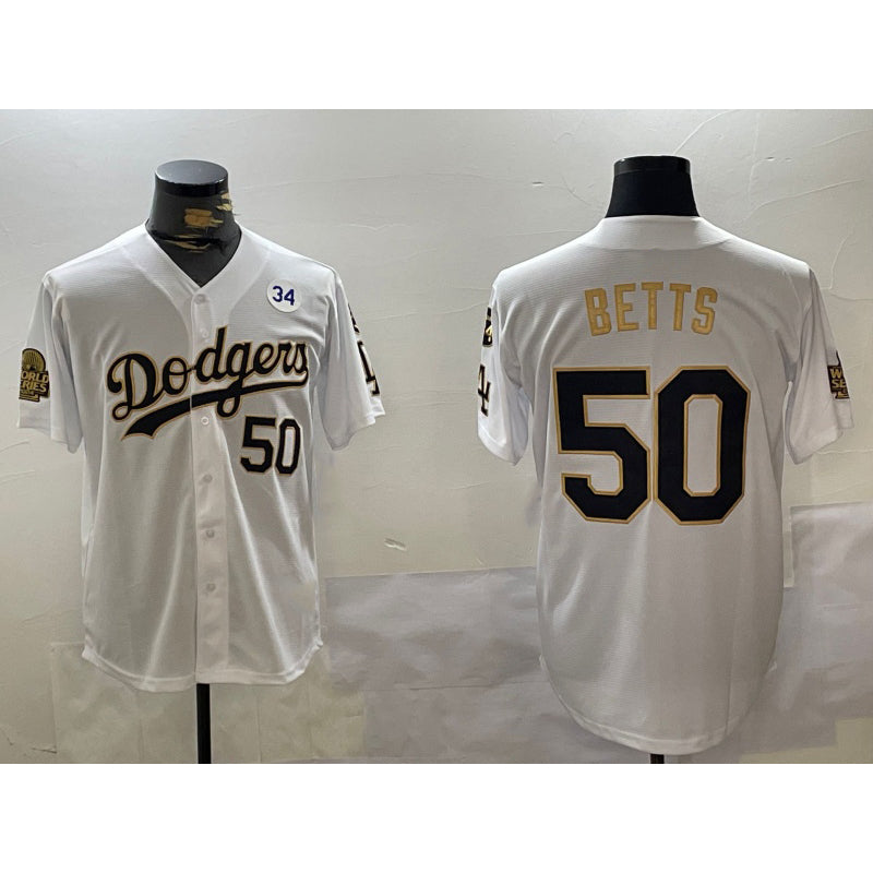 Los Angeles Dodgers #50 Mookie Betts White Gold JEROMEN 2024 World Series With Fernando Memorial Patch Limited Stitched Jersey2