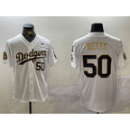Los Angeles Dodgers #50 Mookie Betts White Gold JEROMEN 2024 World Series With Fernando Memorial Patch Limited Stitched Jersey2