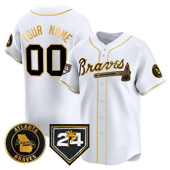 Custom Atlanta Braves White Gold JEROMEN 2024 Spring Training Patch Limited Stitched Jersey