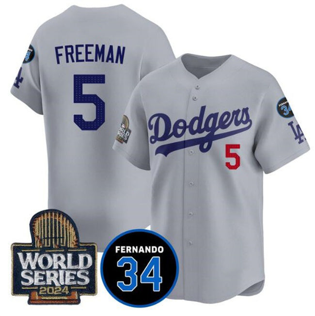Los Angeles Dodgers #5 Freddie Freeman Grey JEROMEN 2024 World Series With Fernando Memorial Patch Limited Stitched Jersey