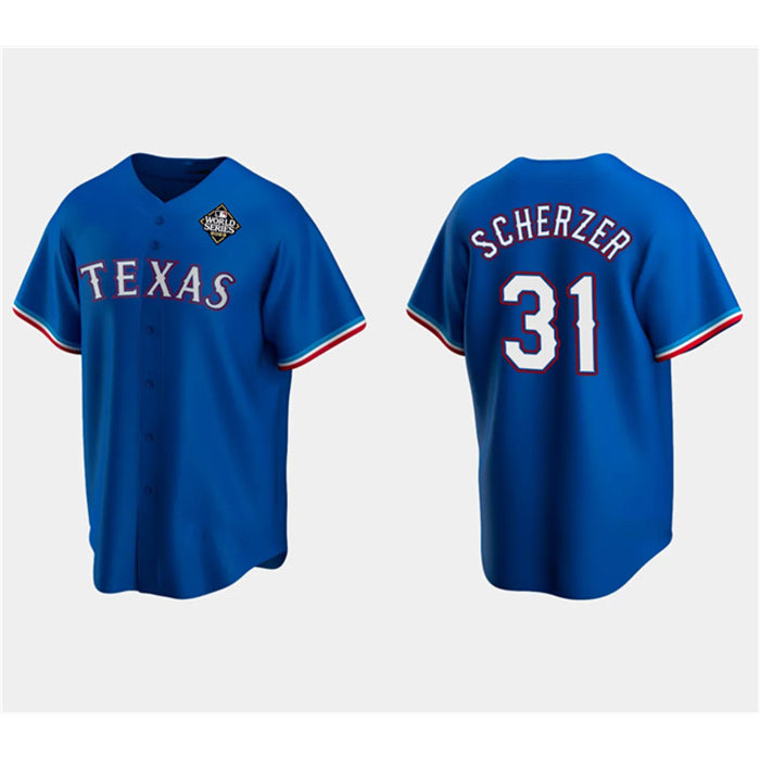 Texas Rangers #31 Max Scherzer Royal JEROMEN 2023 World Series Stitched Jersey