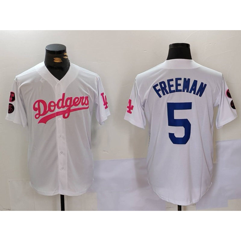 Los Angeles Dodgers #5 Freddie Freeman White Pink JEROMEN Vin & Kobe Patch Stitched Jersey 2