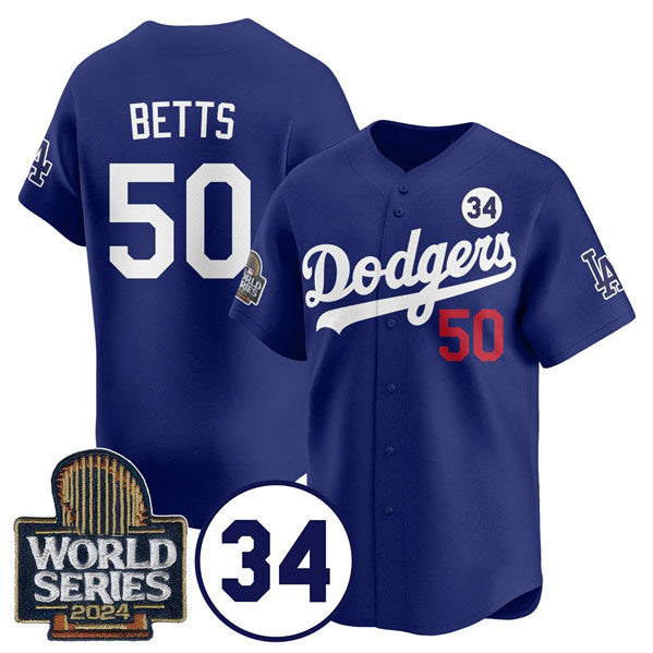 Los Angeles Dodgers #50 Mookie Betts Royal JEROMEN 2024 World Series With No. 34 Patch Cool Base Stitched Jersey