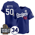 Los Angeles Dodgers #50 Mookie Betts Royal JEROMEN 2024 World Series With No. 34 Patch Cool Base Stitched Jersey