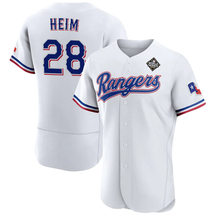 Texas Rangers #28 Jonah Heim White JEROMEN 2023 World Series Flex Base Stitched Jersey
