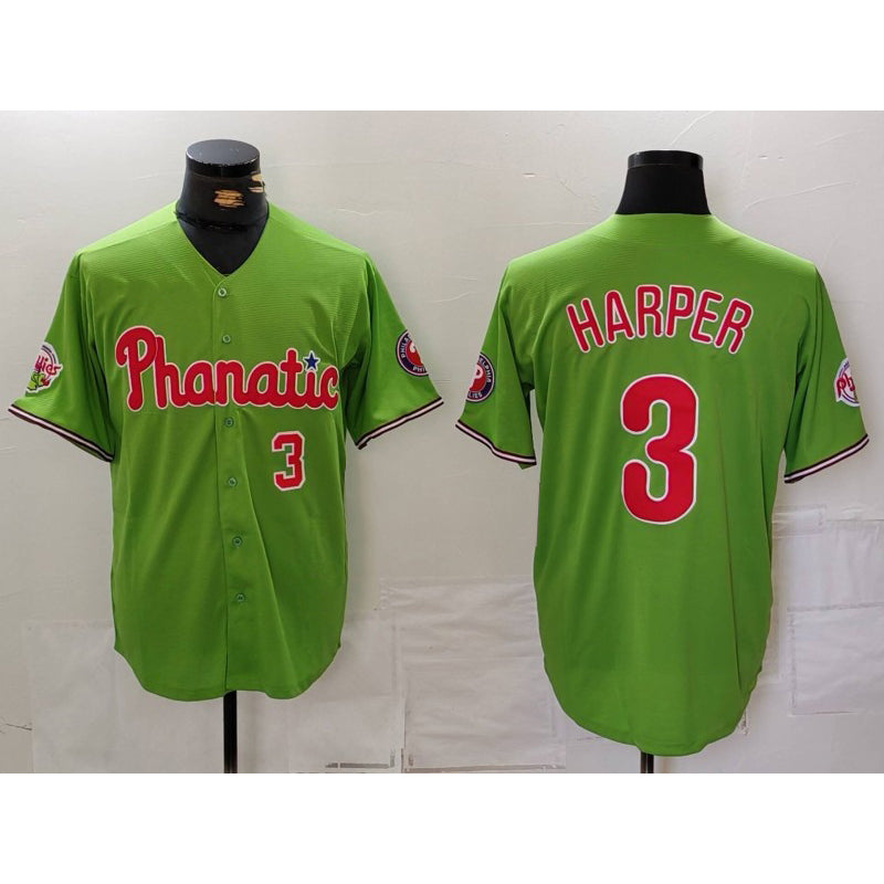 Philadelphia Phillies #3 Bryce Harper Number Green JEROMEN With Patch Stitched Cool Base Jersey