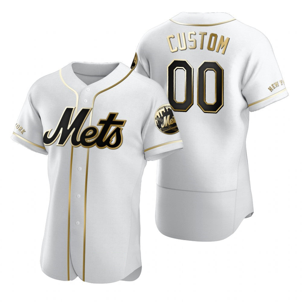 Custom New York Mets White JEROMEN Stitched Flex Base Golden Edition Jersey