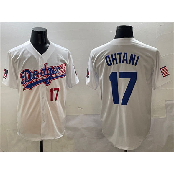 Los Angeles Dodgers #17 Shohei Ohtani White JEROMEN With American Flag Patch Limited Stitched Jersey