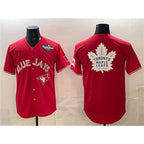 Toronto Blue Jays & Leafs Red JEROMEN 2025 World Series With White Leafs Logo Cool Base Stitched Jersey