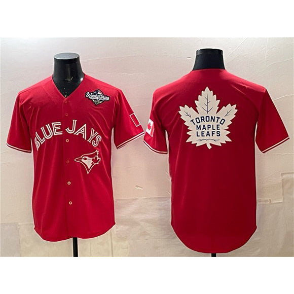 Toronto Blue Jays & Leafs Red JEROMEN 2025 World Series With White Leafs Logo Cool Base Stitched Jersey