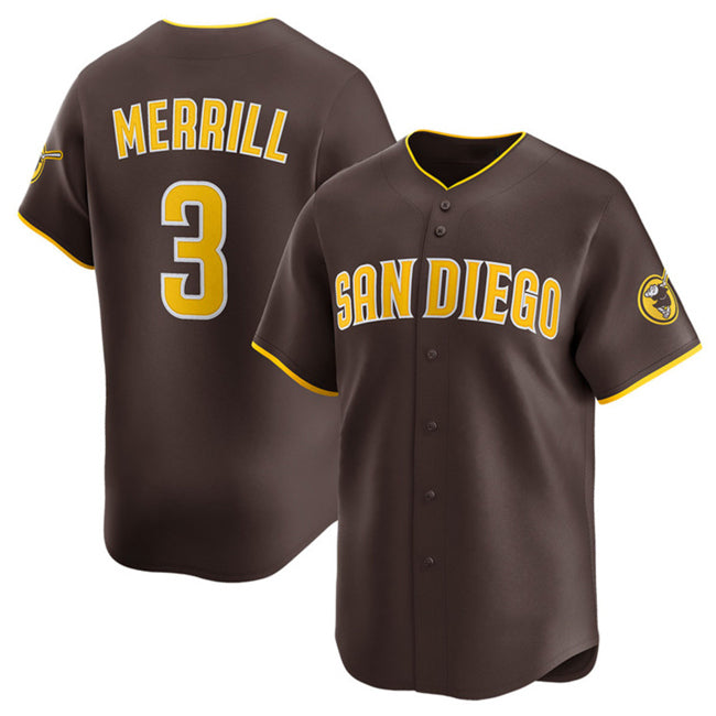 San Diego Padres #3 Jackson Merrill Brown JEROMEN 2024 Away Limited Stitched Jersey