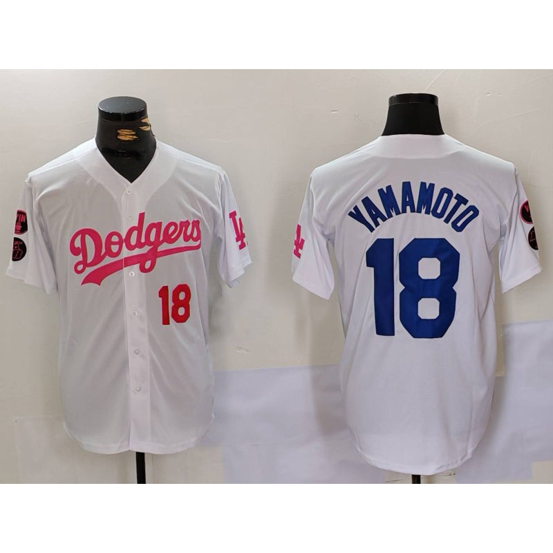 Los Angeles Dodgers #18 Yoshinobu Yamamoto White Pink JEROMEN Vin & Kobe Patch Stitched Jerseys