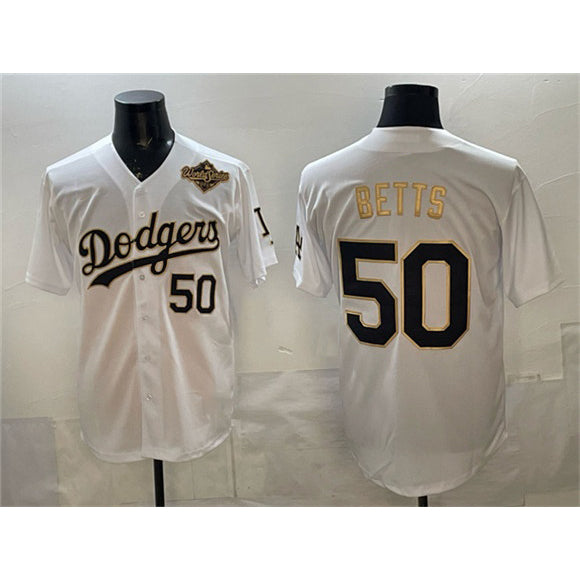 Los Angeles Dodgers #50 Mookie Betts White Gold JEROMEN 2025 World Series Patch Limited Stitched Jersey