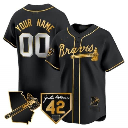 Custom Atlanta Braves 2024 Robinson & Georgia Patch Vapor Premier Limited Jersey ¨C Black Gold JEROMEN