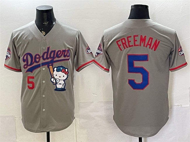 Los Angeles Dodgers #5 Freddie Freeman Grey JEROMEN Hello Kitty Night 2025 World Series Champions Patch Stitched Jersey