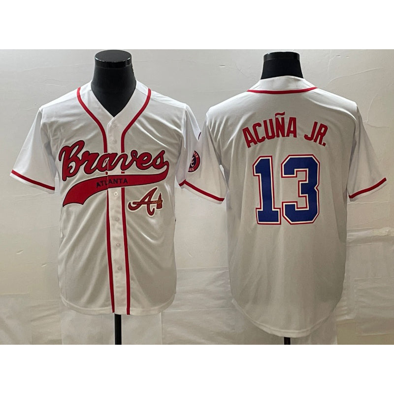 Atlanta Braves #13 JEROMENld Acuna Jr White JEROMEN Cool Base With Patch Stitched Jersey 2