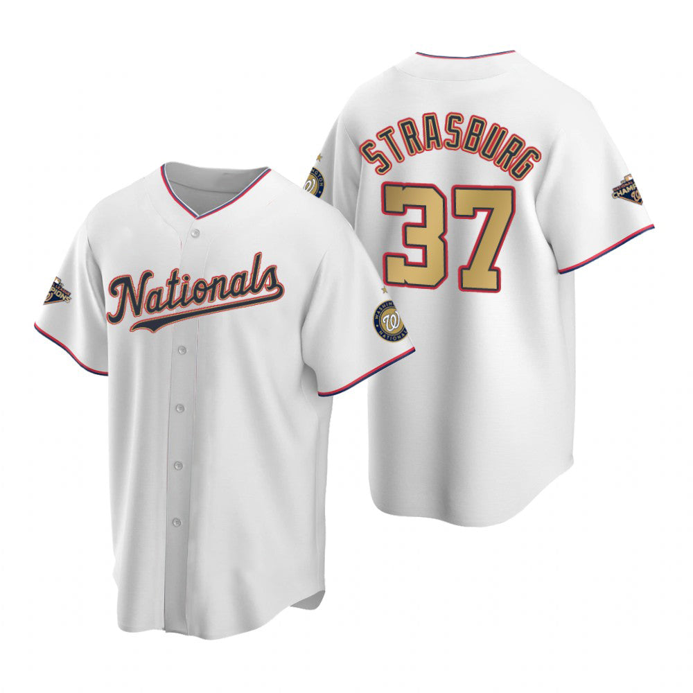 Washington Nationals #37 Stephen Strasburg White Gold JEROMEN 2019 World Series Champions Stitched Cool Base Jersey