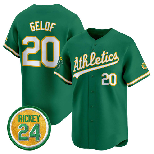 Oakland Athletics #20 Zack Gelof Green JEROMEN 2024 Limited With Rickey Henderson Patch Stitched Jersey