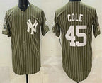 New York Yankees #45 Gerrit Cole Olive JEROMEN Pinstripe 2026 Armed Forces Day Salute To Service Jersey