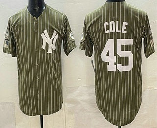 New York Yankees #45 Gerrit Cole Olive JEROMEN Pinstripe 2026 Armed Forces Day Salute To Service Jersey