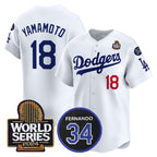 Los Angeles Dodgers #18 Yoshinobu Yamamoto White JEROMEN 2024 World Series With Fernando Memorial Patch Limited Stitched Jersey