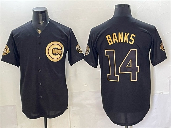 Chicago Cubs #14 Ernie Banks Black Gold JEROMEN 150th Anniversary Patch Stitched Jersey