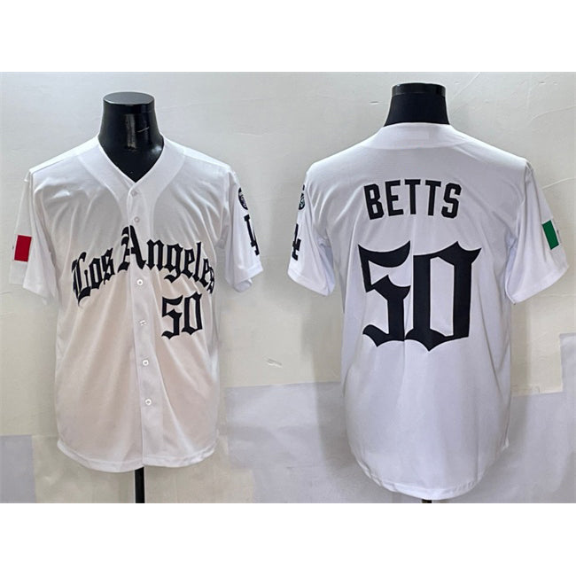 Los Angeles Dodgers #50 Mookie Betts White JEROMEN Mexico 2025 LA Gothic Style With Fernando Patch Vapor Premier Limited Stitched Jersey