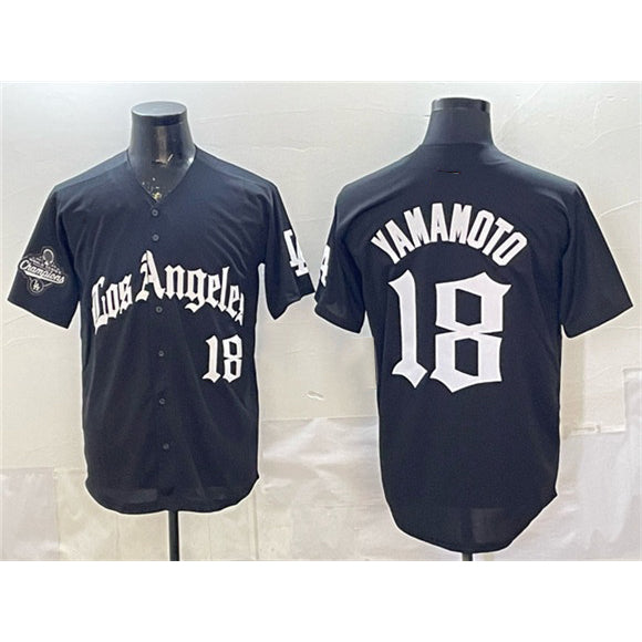Los Angeles Dodgers #18 Yoshinobu Yamamoto Black JEROMEN LA Gothic Style With 2025 World Series Champions Patch Limited Stitched Jersey