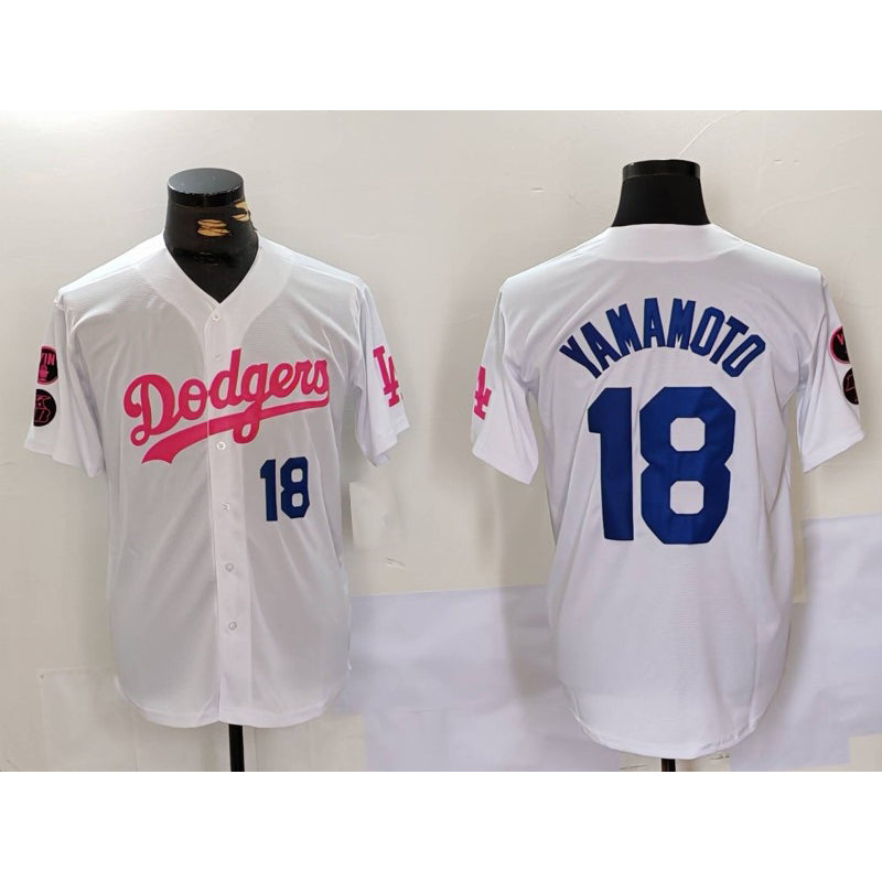 Los Angeles Dodgers #18 Yoshinobu Yamamoto White Pink JEROMEN Vin & Kobe Patch Stitched Jersey 2