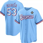 Texas Rangers #53 Adolis Garc¨ªa Blue JEROMEN 2023 World Series Cool Base Stitched Jersey