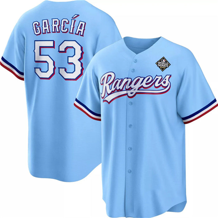Texas Rangers #53 Adolis Garc¨ªa Blue JEROMEN 2023 World Series Cool Base Stitched Jersey