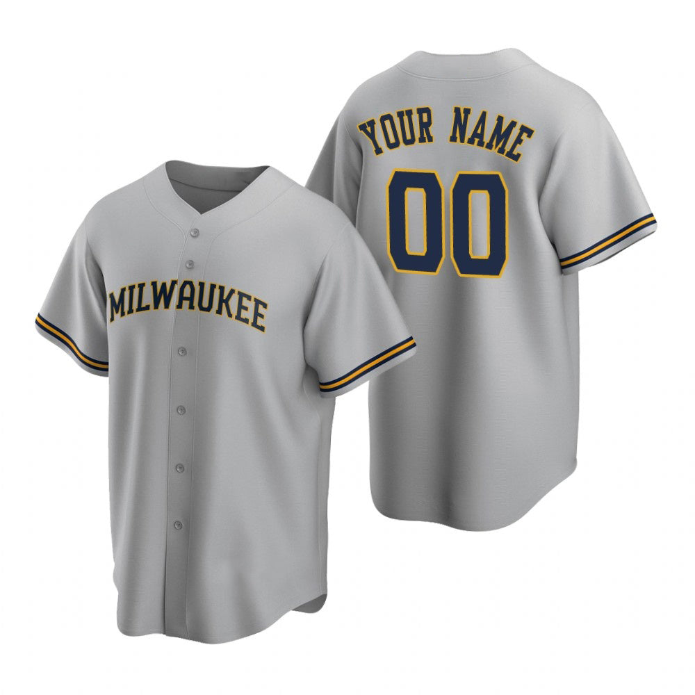 Custom Milwaukee Brewers Gray JEROMEN Stitched Cool Base Road Jersey