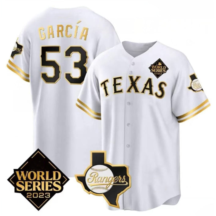 Texas Rangers & Cowboys #53 Adolis Garc¨ªa White JEROMEN 2023 World Series Splite Stitched Jersey