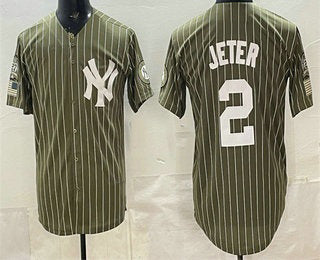 New York Yankees #2 Derek Jeter Olive JEROMEN Pinstripe 2026 Armed Forces Day Salute To Service Jersey