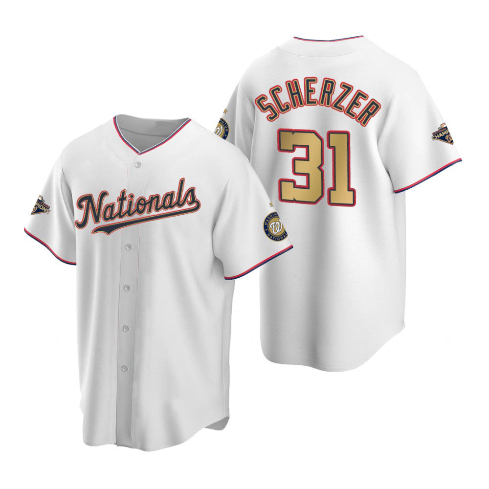 Washington Nationals #31 Max Scherzer White Gold JEROMEN 2019 World Series Champions Stitched Cool Base Jersey