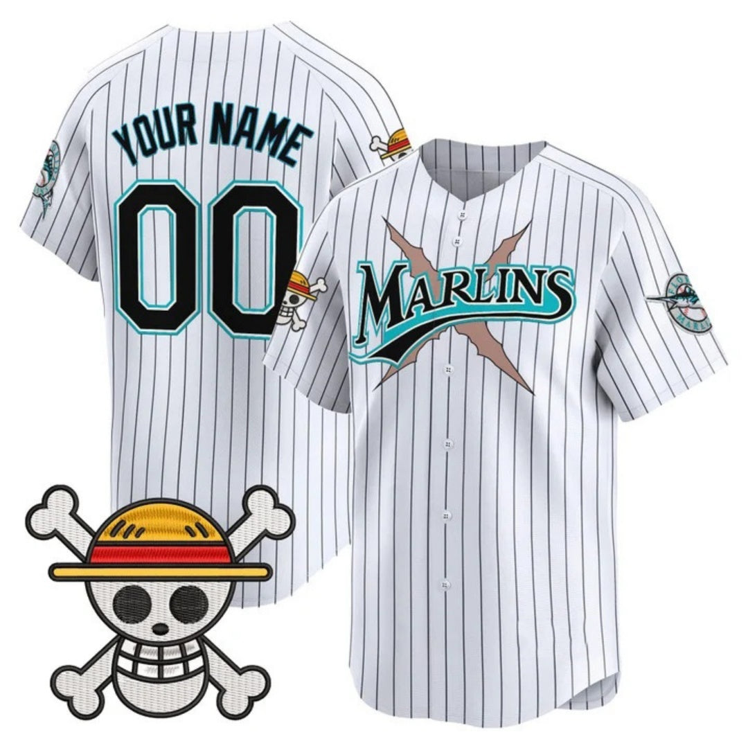 Custom Miami Marlins x One Piece Pinstripe White JEROMEN Vapor Premier Limited Jersey - Stitched