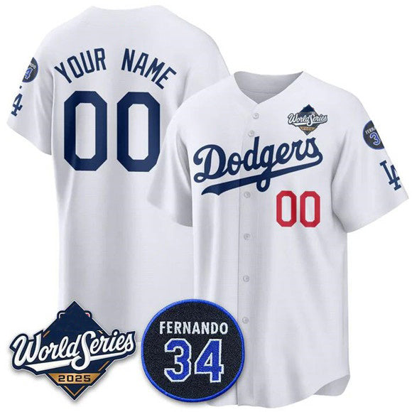 Custom Los Angeles Dodgers ACTIVE PLAYER White JEROMEN 2025 World Series With No. 34 Patch Limited Stitched Jersey